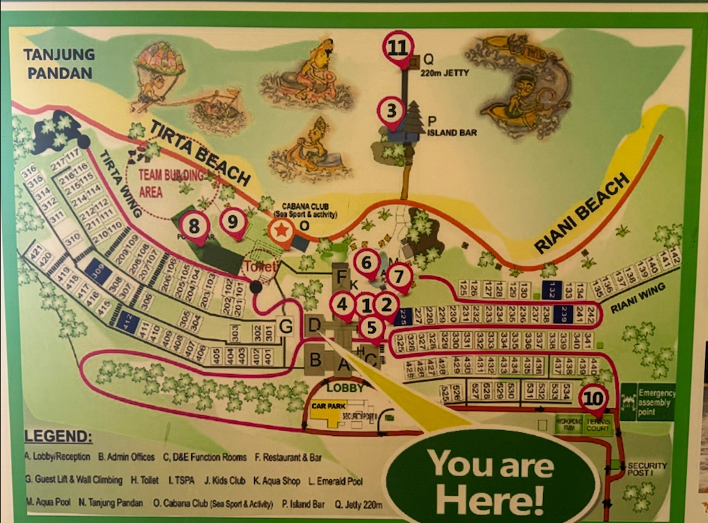 Turi Beach Resort map board with facility photos
